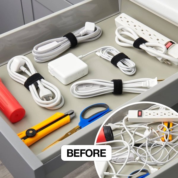 Wrap-It Storage - Self-Gripping Cable Ties (20-Pack) Reusable Hook and Loop Cord Organizer Cable Tie for Cord Management and Organization - Black
