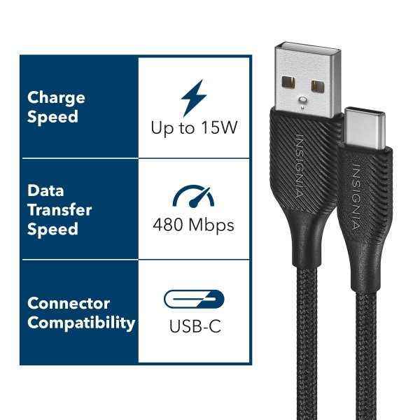 Insignia™ - 6' USB to USB-C Braided Charge-and-Sync Cables (2-Pack) - Black