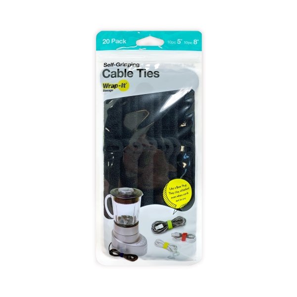 Wrap-It Storage - Self-Gripping Cable Ties (20-Pack) Reusable Hook and Loop Cord Organizer Cable Tie for Cord Management and Organization - Black